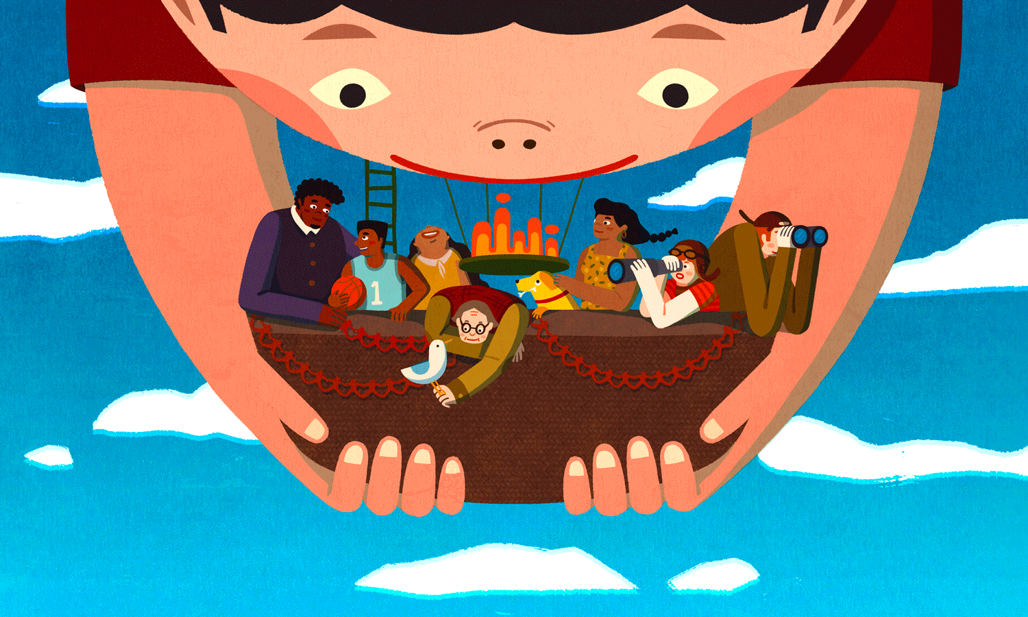 illustration of boy looking down from the sky and holding what appears to be a boat filled with miniature people.