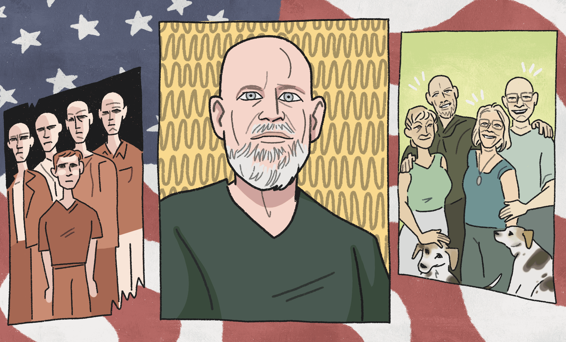 The United States flag waves in the background. In front is an illustration of a bald, white man in a green T-shirt. To his right is a photograph of four middle-aged people and two white dogs with brown spots. To his left is a group of five stern-looking men.